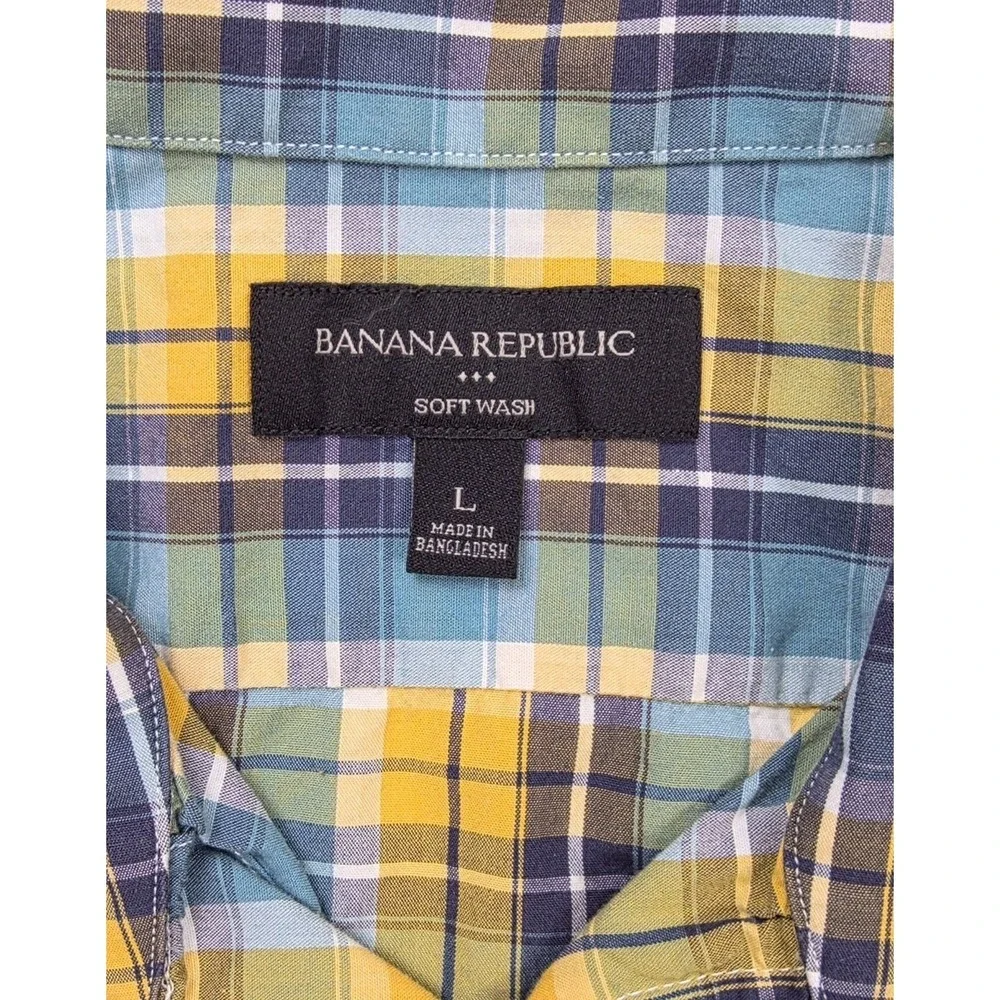 Banana Republic Soft Wash Yellow Blue Plaid Chest Pocket S/S Shirt Men's‎ Size L
